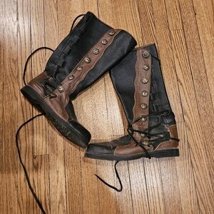 Black and Brown Knee-High Lace-Up Boots